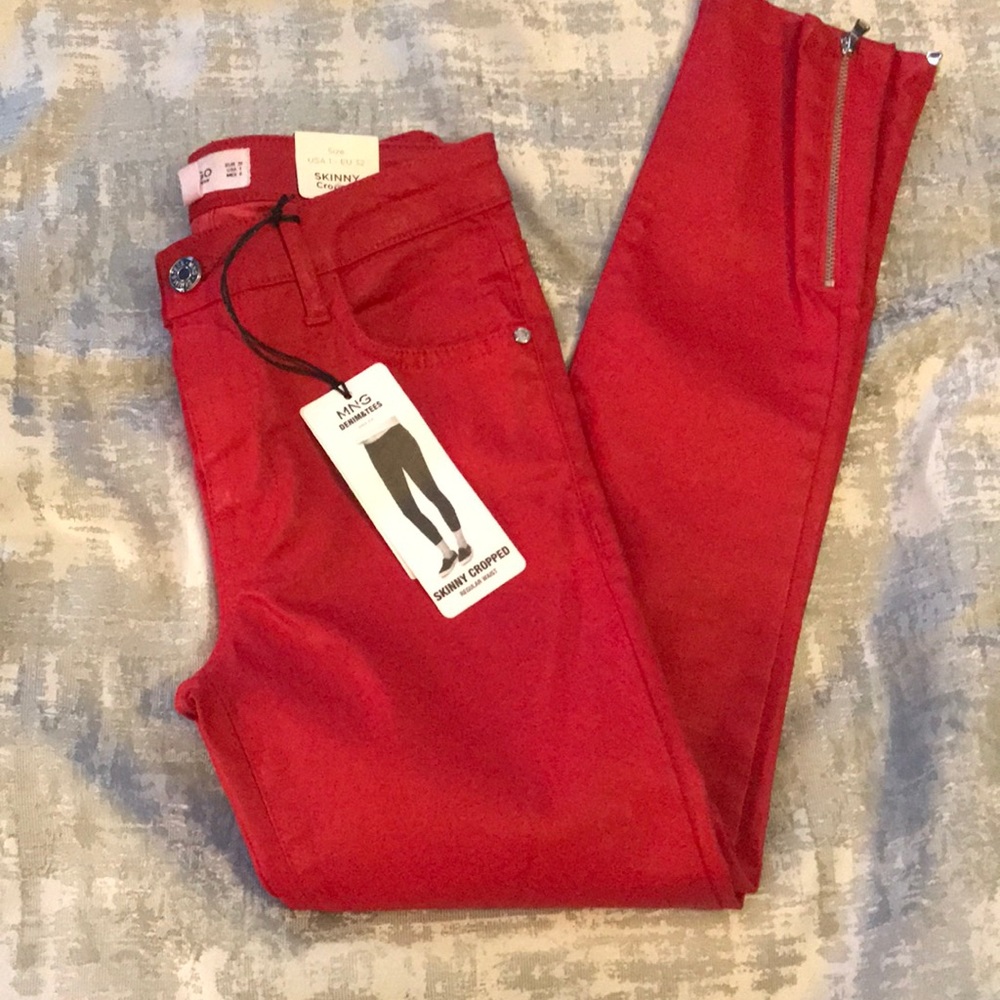 Mango NWOT Red Coated Denim Ankle Zip Pants - sz. 1
